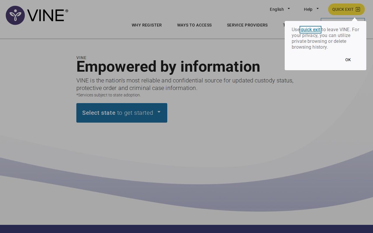 Official VINELink custody status notification homepage