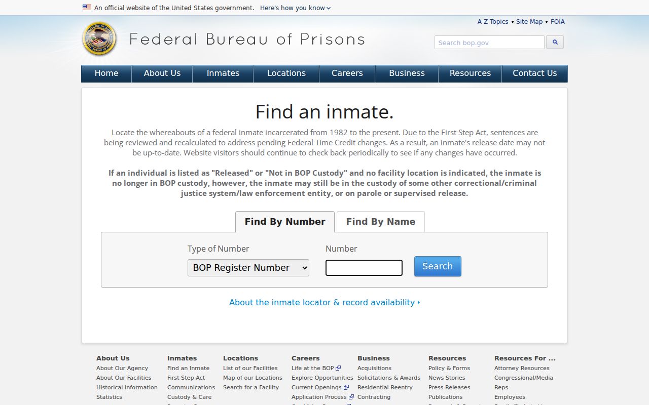 Official Federal Bureau of Prisons inmate locator