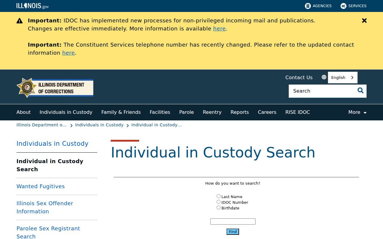 Official Illinois Department of Corrections individuals in custody search