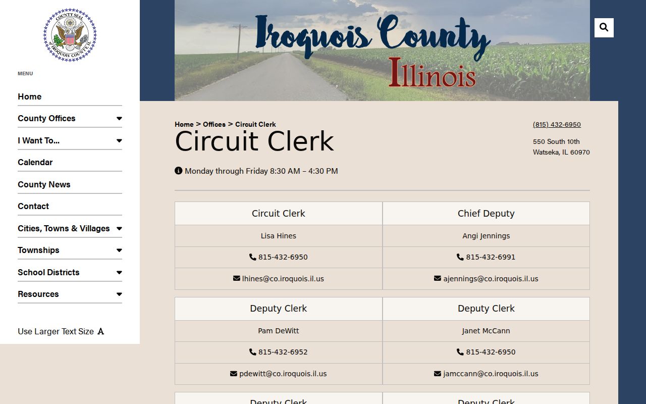 Official Iroquois County Circuit Clerk webpage with court record contacts