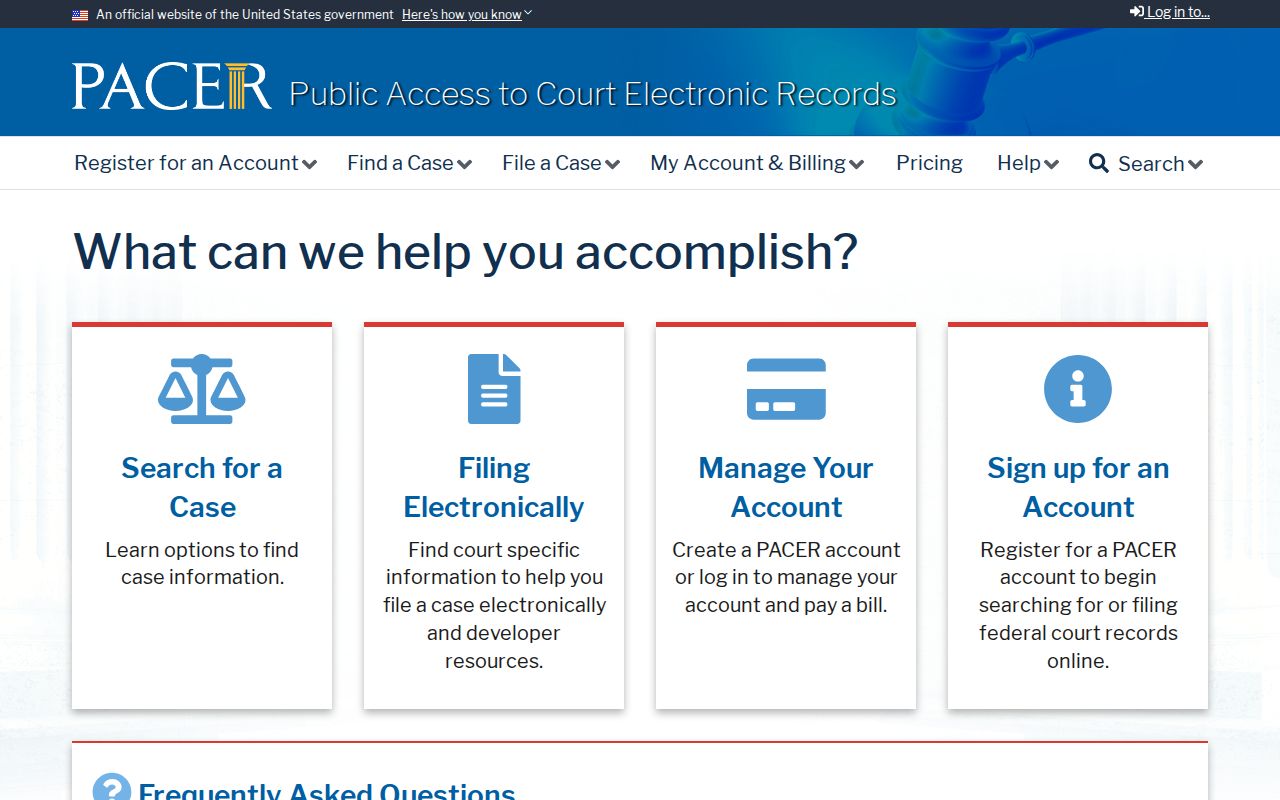 Official PACER federal court records portal homepage